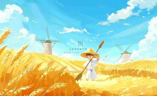 金秋秋天丰收麦田风车男孩人物小麦稻穗立秋秋分处暑芒种卡通插画背景