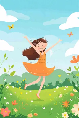 蓝天白云草坪翩翩起舞的小女孩儿童节卡通插画背景 蓝天白云草坪翩翩起舞的小女孩儿童节卡通插画背景