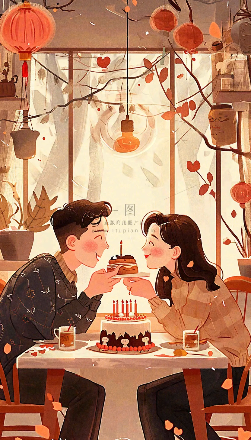 情人节情侣浪漫圣诞节日温馨生日会，插画手绘，居家餐厅美食
