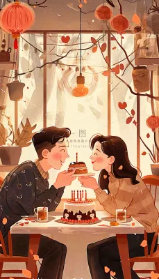 情人节情侣浪漫圣诞节日温馨生日会,插画手绘,居家餐厅美食 情人节情侣浪漫圣诞节日温馨生日会,插画手绘,居家餐厅美食