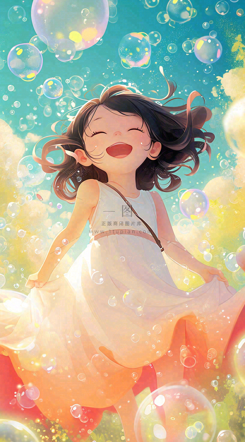 春天夏天女孩草地玩耍,阳光白云气泡可爱插画