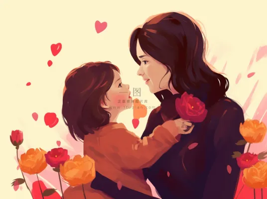 母亲节妈妈拥抱着孩子花海手绘插画素材海报背景
