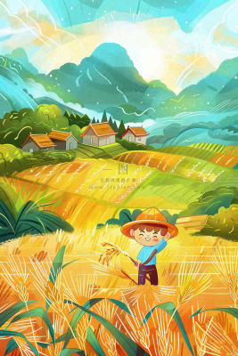 秋天农田丰收山村村庄稻草人水稻小麦立秋秋分芒种卡通插画背景 秋天农田丰收山村村庄稻草人水稻小麦立秋秋分芒种卡通插画背景