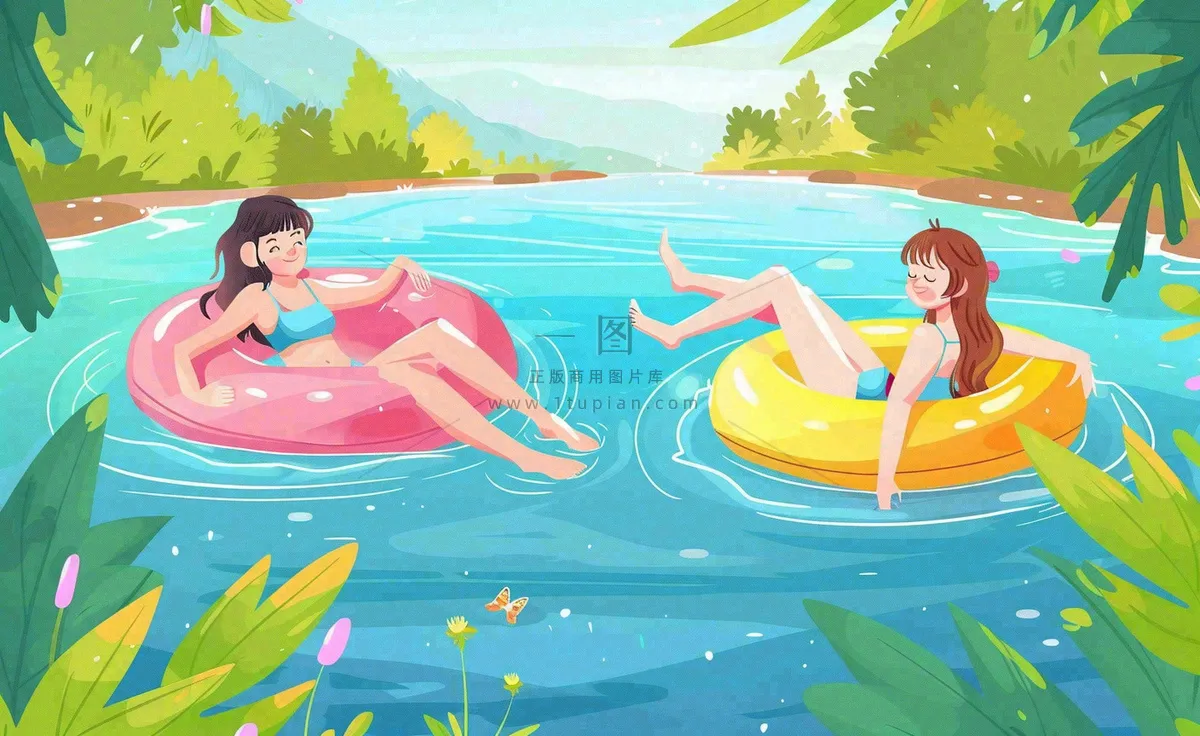 夏天游泳泳池人物游泳女孩蓝色背景泳圈夏日运动立夏大暑小暑夏至卡通插画背景