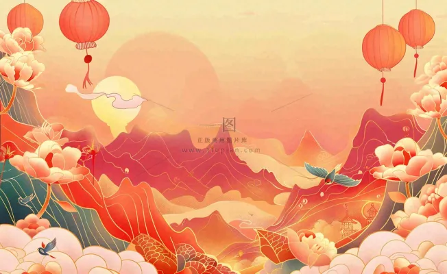 国潮风中秋重阳国庆祖国山河插画喜庆庆祝山水画背景