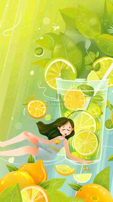 夏天创意冰饮女孩水果茶清凉插画立夏夏至背景