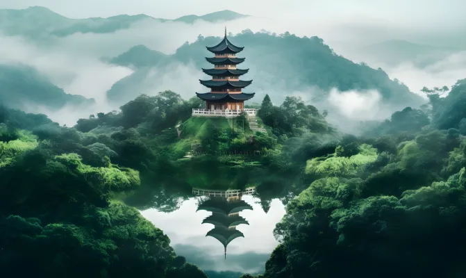 倒影水中的宝塔背后的树木山景风格摄影图