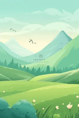 草地天空清新插画背景图