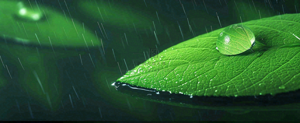 春天下雨天树叶草叶上的露珠水珠，谷雨雨水摄影图