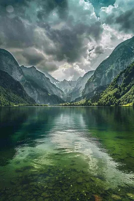 高原雪山下的湖泊自然风景乌云摄影图