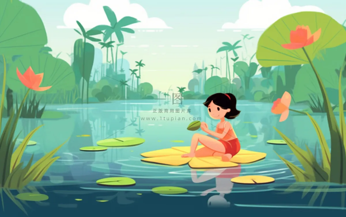 湖泊坐着睡莲上的人碧蓝插画背景