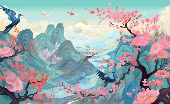 国潮风山峦云树枝花鸟插画海报素材背景