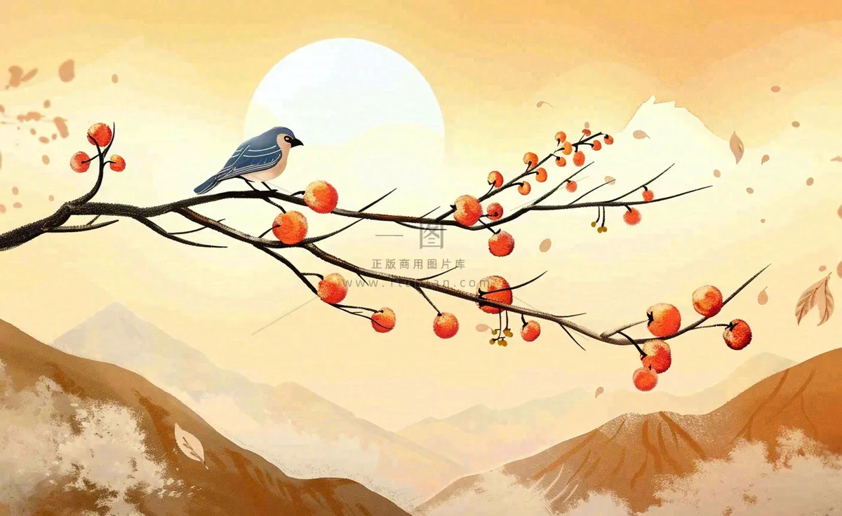 秋天柿子树枝条的小鸟夕阳西下日出金秋秋分立秋重阳插画背景