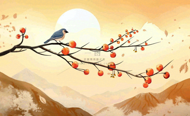 秋天柿子树枝条的小鸟夕阳西下日出金秋秋分立秋重阳插画背景