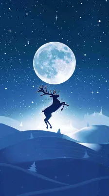 夜晚蓝色星空下的月亮麋鹿跃起平安夜插画背景