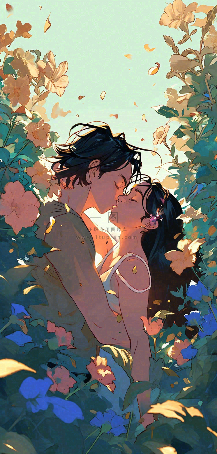 森林花丛里情侣拥抱亲吻爱情手绘插画,情人节