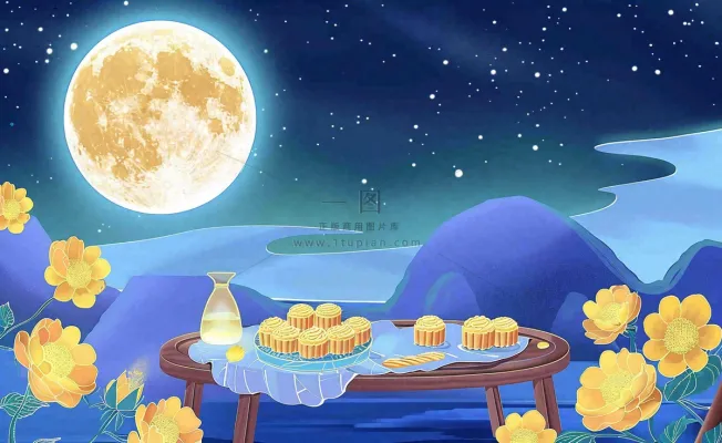 中秋夜晚赏月月饼饮茶黄花菊花桂花国风插画背景