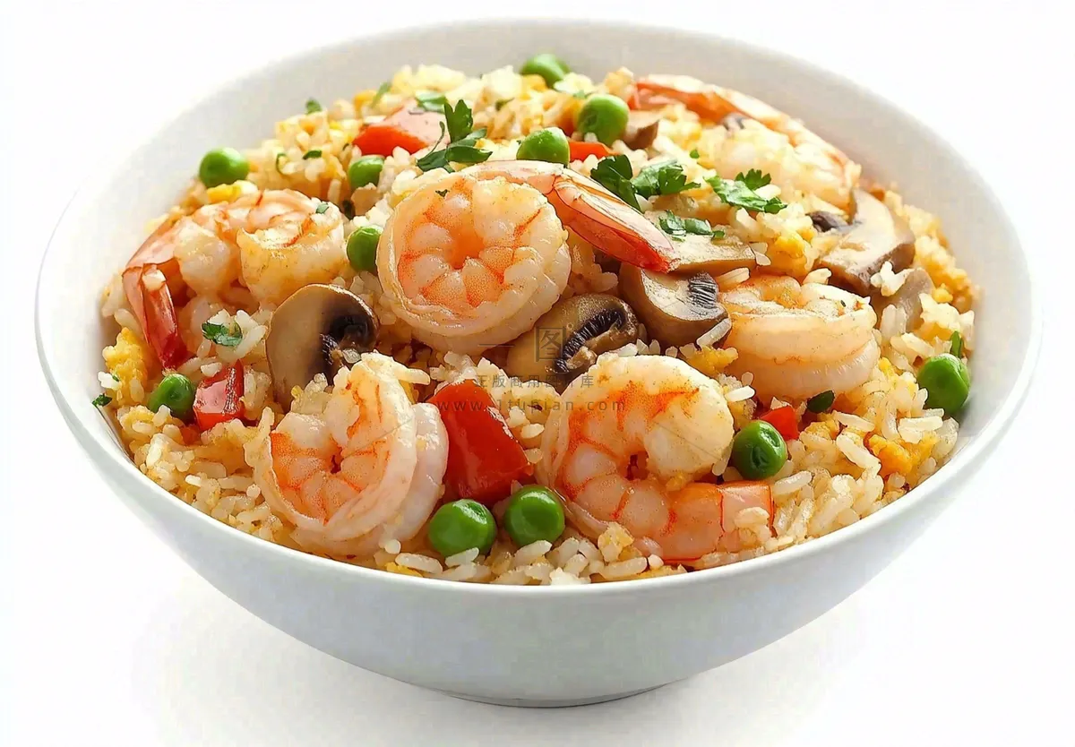 虾仁时蔬炒饭蘑菇美食摄影图