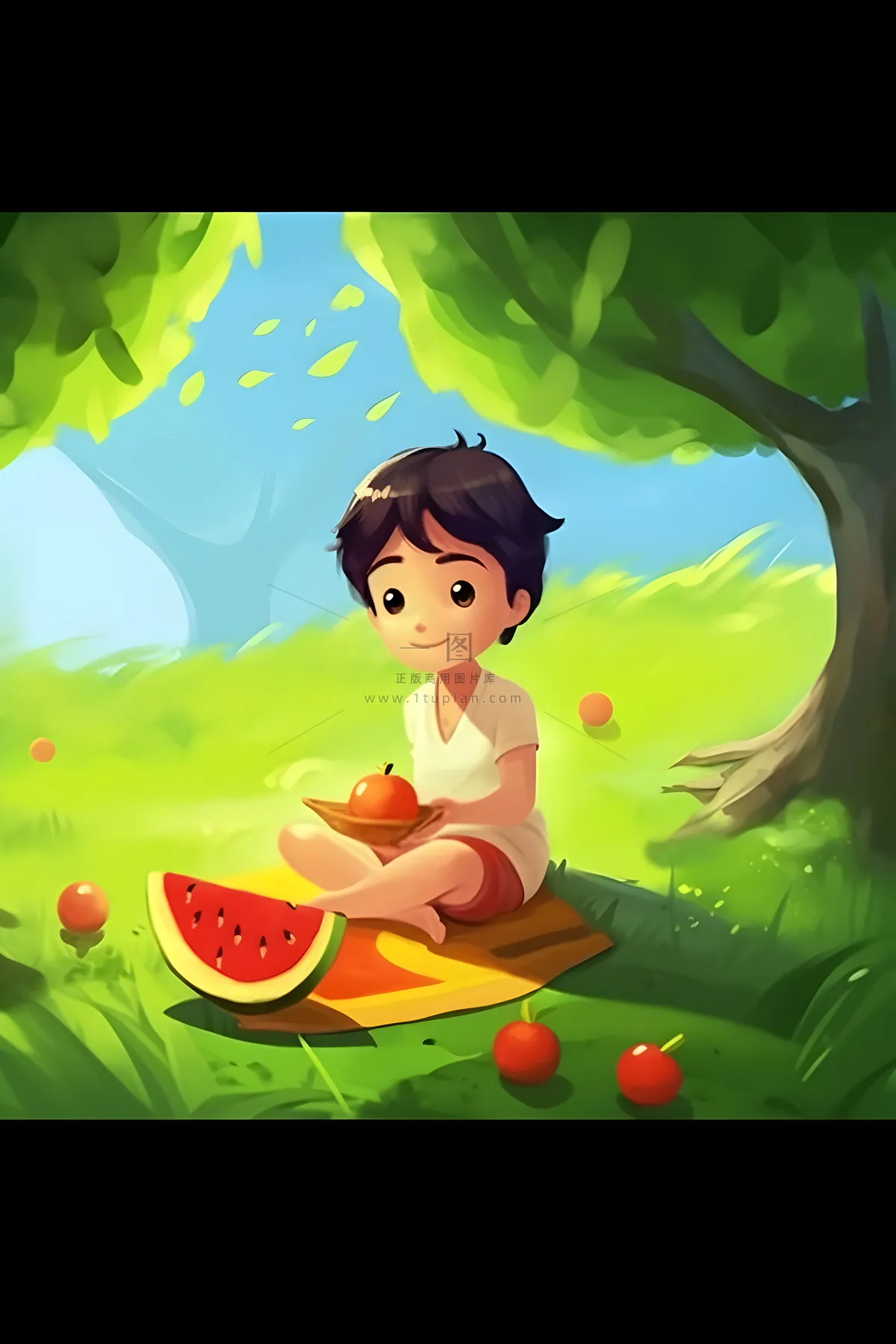 夏日人物水果树荫乘凉插画素材背景
