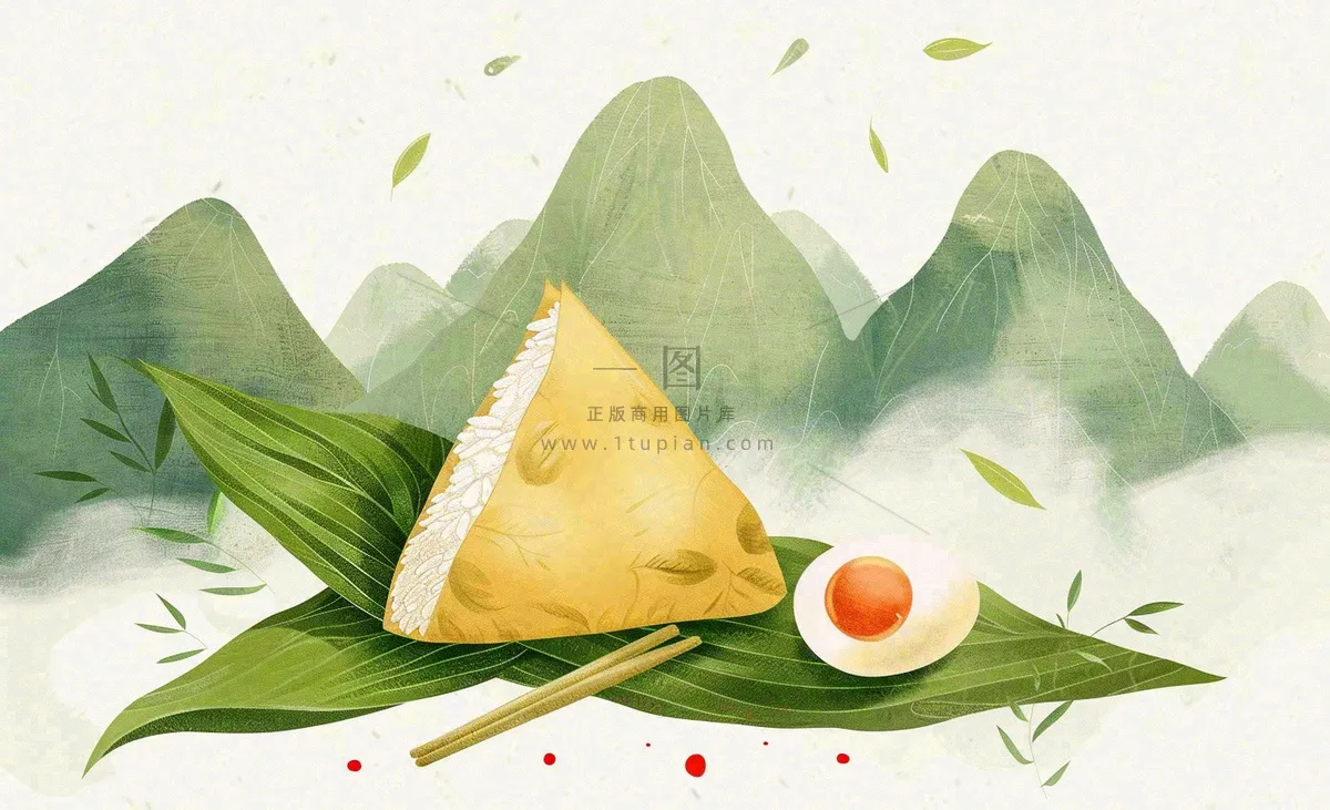端午佳节粽子绿色青山国风插画水彩绘画背景