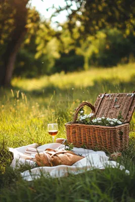 春天户外草坪野餐篮子露营食物酒面包摄影