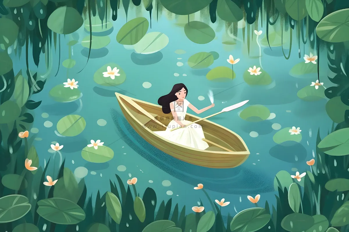 湖面划船睡莲湖水绿叶芦苇插画背景