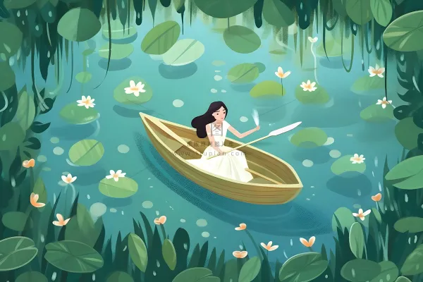 湖面划船睡莲湖水绿叶芦苇插画背景 湖面划船睡莲湖水绿叶芦苇插画背景
