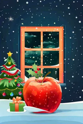 冬天寒冷的白雪红苹果屋窗户夜晚平安夜卡通插画背景