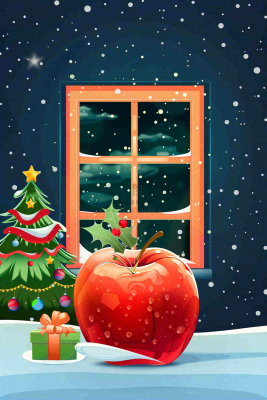 冬天寒冷的白雪红苹果屋窗户夜晚平安夜卡通插画背景 冬天寒冷的白雪红苹果屋窗户夜晚平安夜卡通插画背景