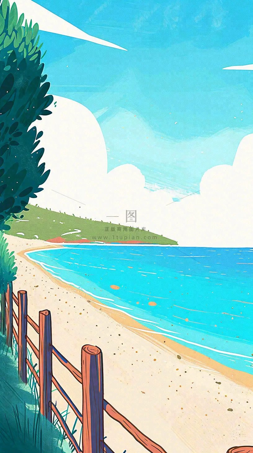 海边沙滩玩耍旅行夏日假期游玩手绘插画，可爱清新，夏至小暑大暑