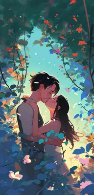 森林花丛里情侣拥抱亲吻爱情手绘插画，情人节