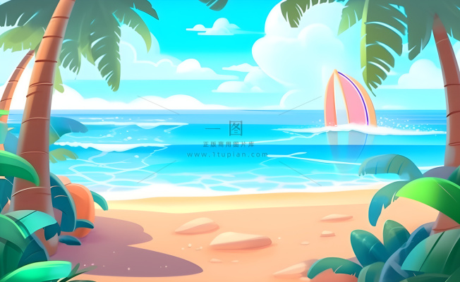 海边度假沙滩椰树冲浪天空插画背景