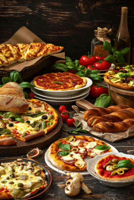 美食餐桌餐厅，烤肉披萨西餐水果红酒摄影图