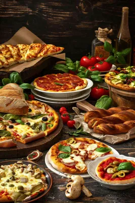 美食餐桌餐厅，烤肉披萨西餐水果红酒摄影图