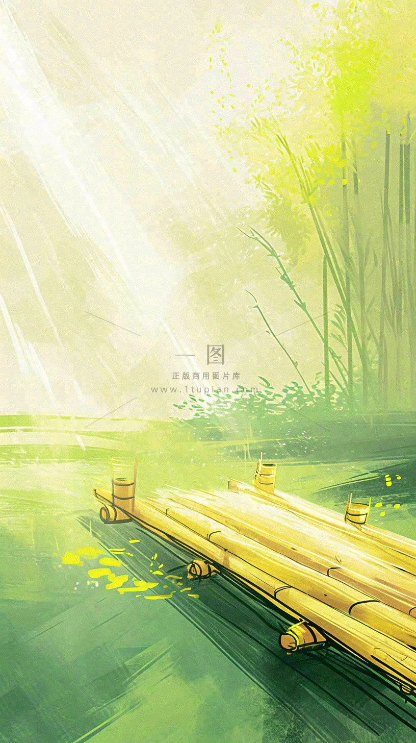 夏日森林丛林阳光绿色河面草丛树木手绘插画,夏至小暑大暑