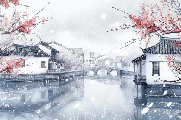 中国水墨画江南水乡梅花古风冬天大雪纷飞小雪大雪冬至插画背景 中国水墨画江南水乡梅花古风冬天大雪纷飞小雪大雪冬至插画背景