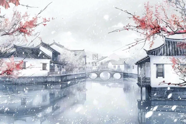 中国水墨画江南水乡梅花古风冬天大雪纷飞小雪大雪冬至插画背景 中国水墨画江南水乡梅花古风冬天大雪纷飞小雪大雪冬至插画背景