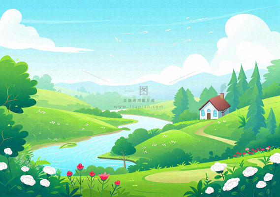 春日旅行草坪草丛花朵河流小溪野外郊游插画，春分