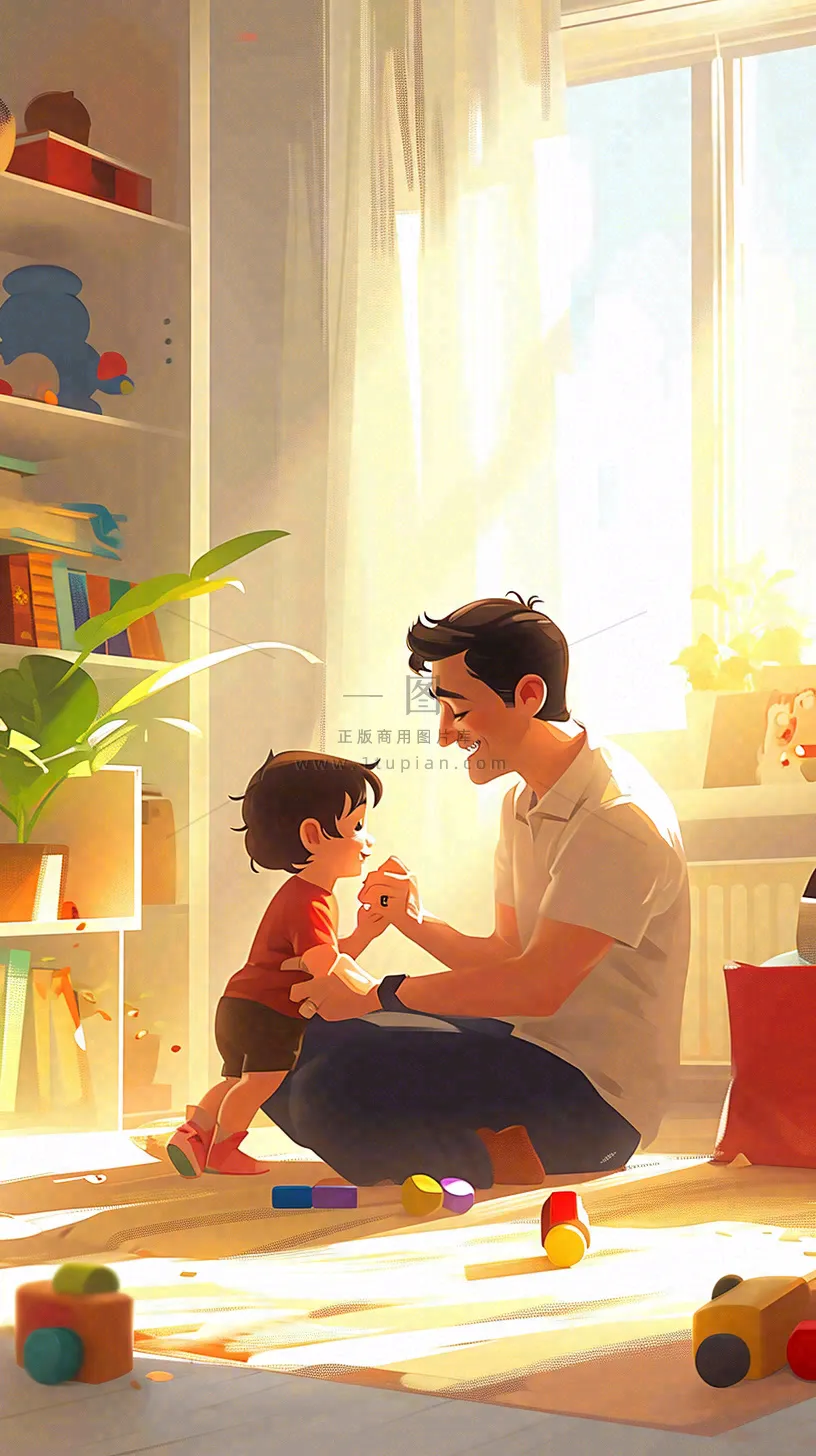 父亲节温馨父爱陪伴孩子玩耍手绘插画