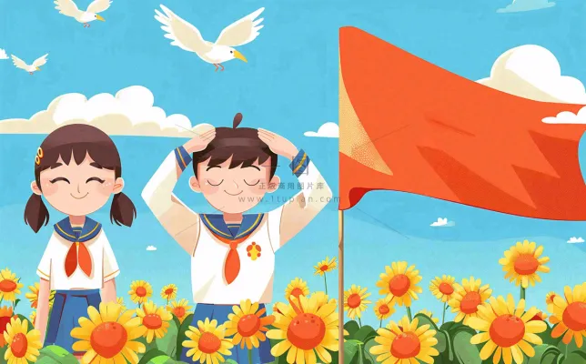 红色国庆节少先队员旗帜向日葵插画十一国庆节插画背景 红色国庆节少先队员旗帜向日葵插画十一国庆节插画背景
