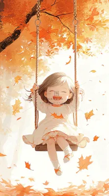 秋天秋叶少女儿童荡秋千玩耍,可爱手绘插画 秋天秋叶少女儿童荡秋千玩耍,可爱手绘插画