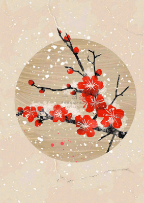 冬天梅花红圆形背景纸张纹理古风国风节日小年插画背景