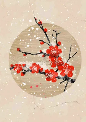 冬天梅花红圆形背景纸张纹理古风国风节日小年插画背景 冬天梅花红圆形背景纸张纹理古风国风节日小年插画背景
