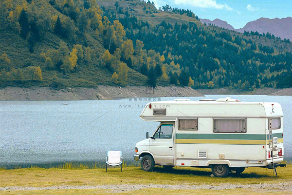 野外露营湖边停着一辆房车，野餐，春游摄影图