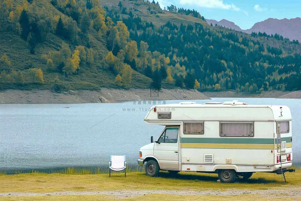 野外露营湖边停着一辆房车，野餐，春游摄影图