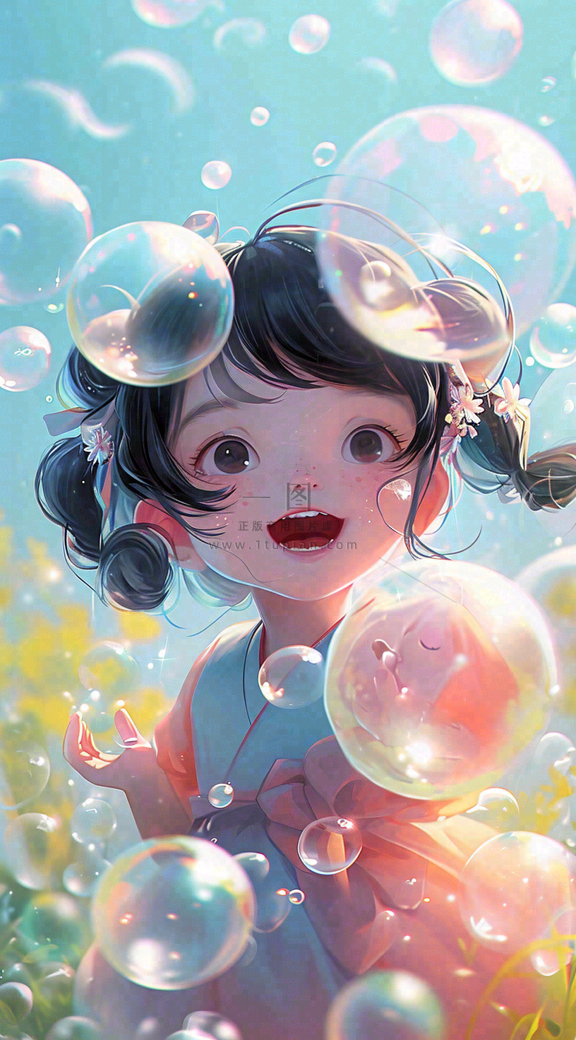 春天夏天女孩草地玩耍,阳光白云气泡可爱插画