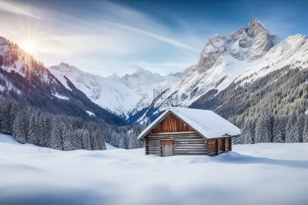 冬日雪山小木屋白雪覆盖摄影图