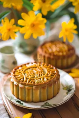 精美月饼中秋美食小清新鲜花装盘摄影图