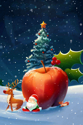 冬天雪地里的红苹果圣诞树圣诞老人童话平安夜圣诞节卡通插画背景 冬天雪地里的红苹果圣诞树圣诞老人童话平安夜圣诞节卡通插画背景