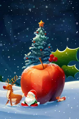 冬天雪地里的红苹果圣诞树圣诞老人童话平安夜圣诞节卡通插画背景 冬天雪地里的红苹果圣诞树圣诞老人童话平安夜圣诞节卡通插画背景